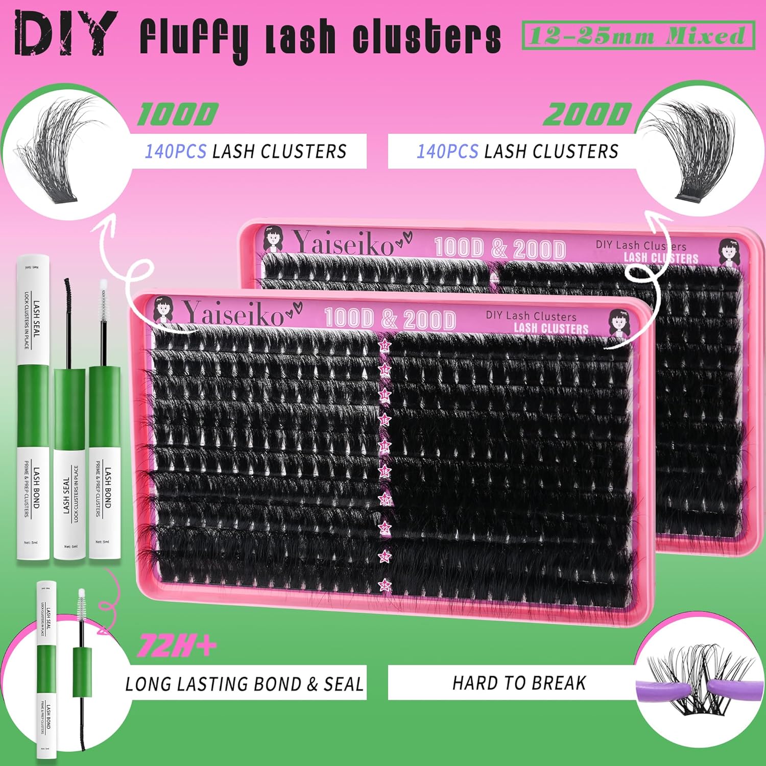 Lash Clusters Kit 100D+200D Thick Volume Eyelash Clusters Kit 12-25mm Wispy Individual Lashes D Curl Long Cluster with Lash Bond and Seal Waterproof DIY Lash Extension Kit(KIT-280PCS) - Image 7