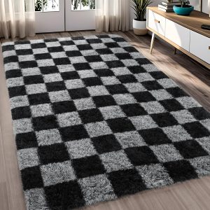 Rugs for Bedroom Living Room, 4x6 ft Black and Grey Checkered Area Rug, Fluffy Soft Washable Carpet, Modern Non-Slip Shag Carpets for Boys Girls Nursery Home Aesthetic Decor