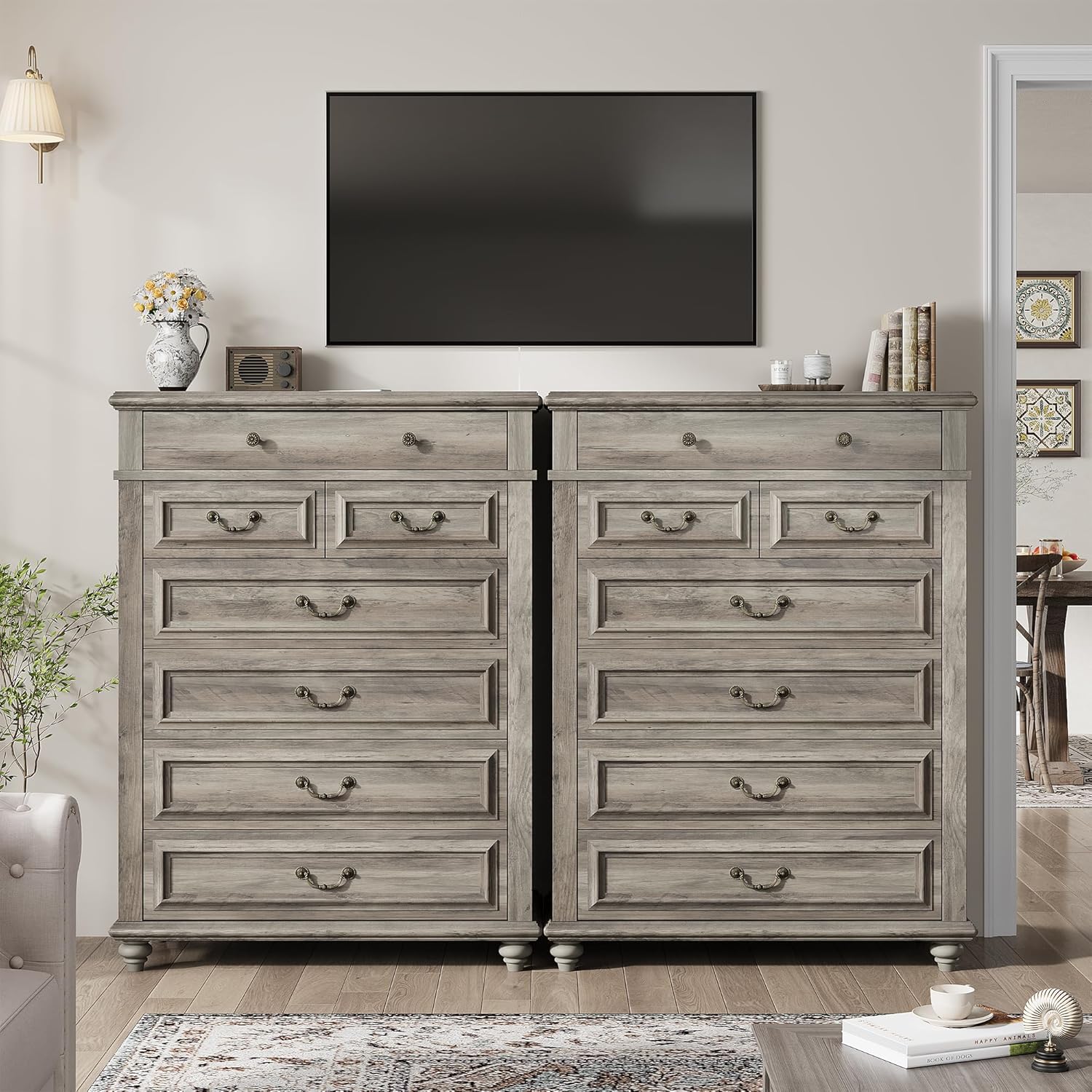 7 Drawer Dresser, Vintage Design Bedroom Dressers with Drawers, Dresser Farmhouse with Natural Texture, Tall Dressers for Bedroom, Living Room, Grey - Image 9