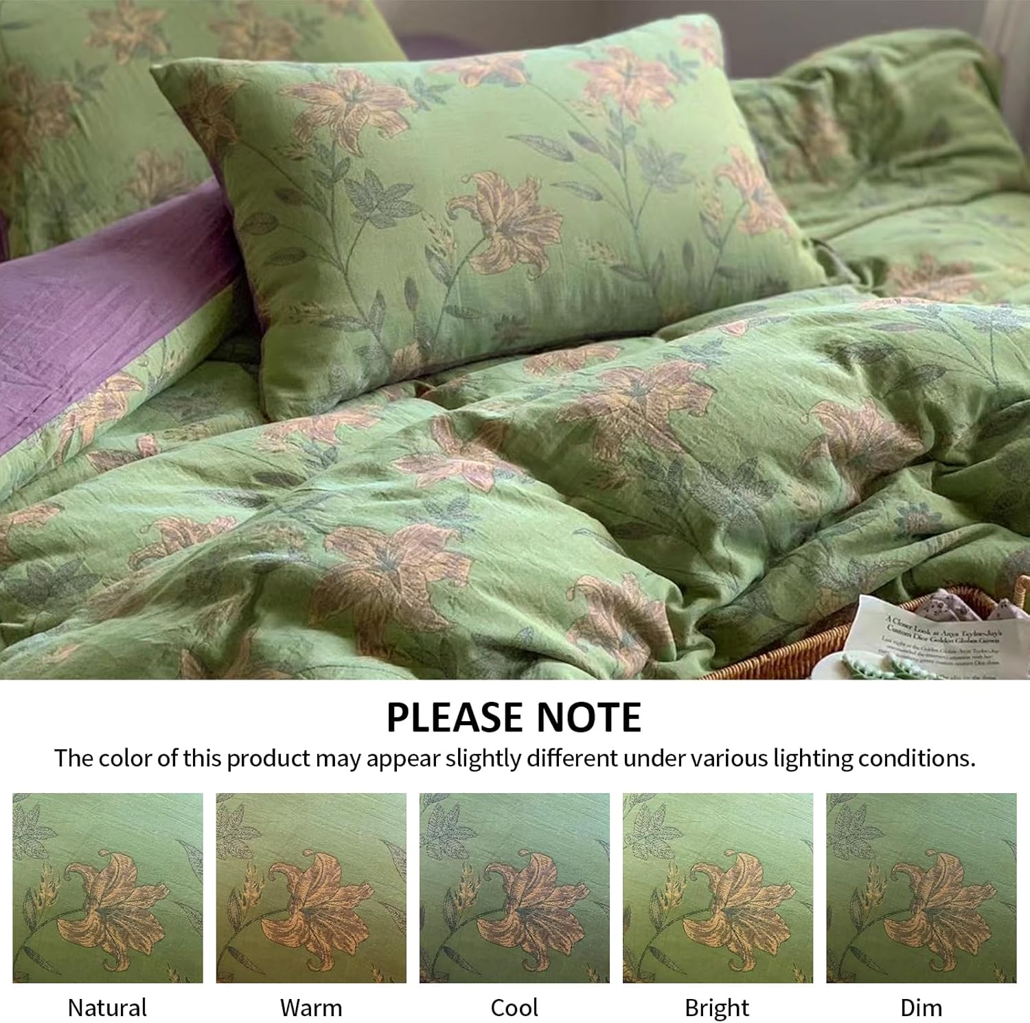 VM VOUGEMARKET Linen Cotton Jacquard Duvet Cover Queen,3 Pcs Yarn-Dyed Textured Duvet Cover Set Green Purple Floral Bedding Breathable, Natural Wrinkled Look-No Comforter - Image 7