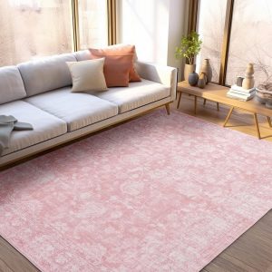 FROZZUR Boho Pink Area Rug 5x7 Large Vintage Rug for Living Room Bedroom Nursery Dining Table, Non Slip Distressed Washable Rugs for Home Office Decor Pink