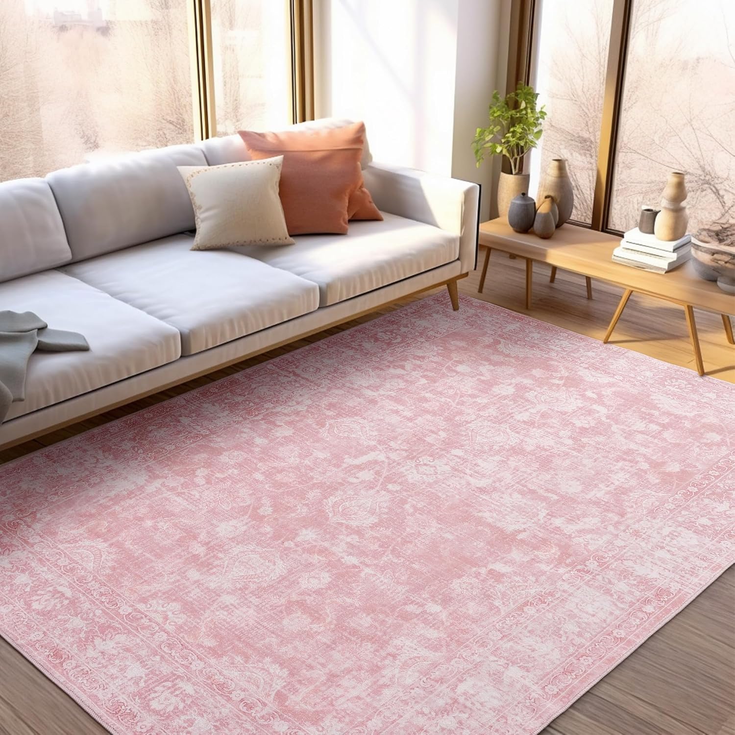 FROZZUR Boho Pink Area Rug 5×7 Large Vintage Rug for Living Room Bedroom Nursery Dining Table, Non Slip Distressed Washable Rugs for Home Office Decor Pink
