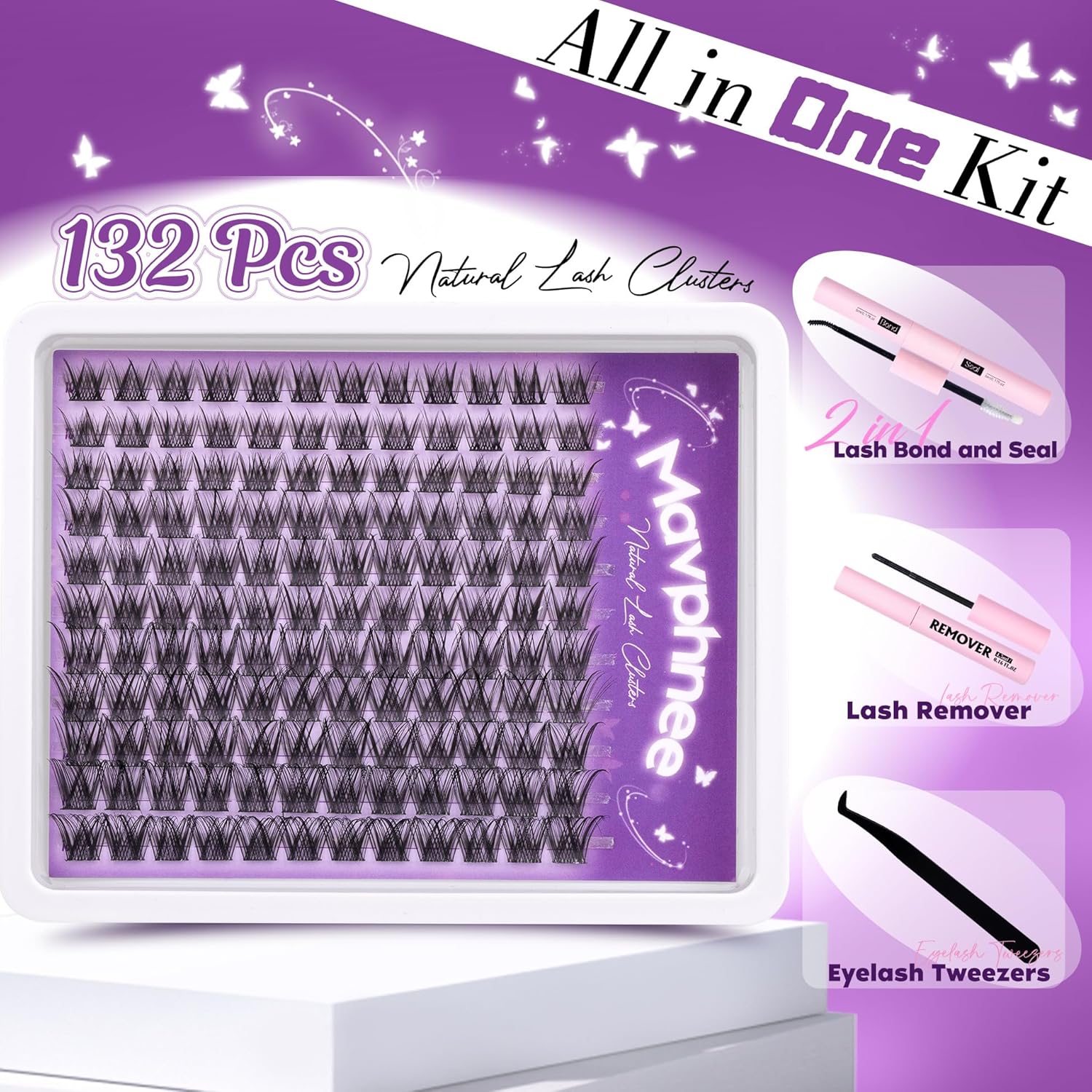 Natural Lash Clusters Kit Wispy Eyelash Clusters CC-Curly Cluster Eyelash Extensions 132 pcs Individual Lash Extensions DIY Lash Extension Kit with Lash Bond and Seal and Remover Lash Kit by Mavphnee - Image 2