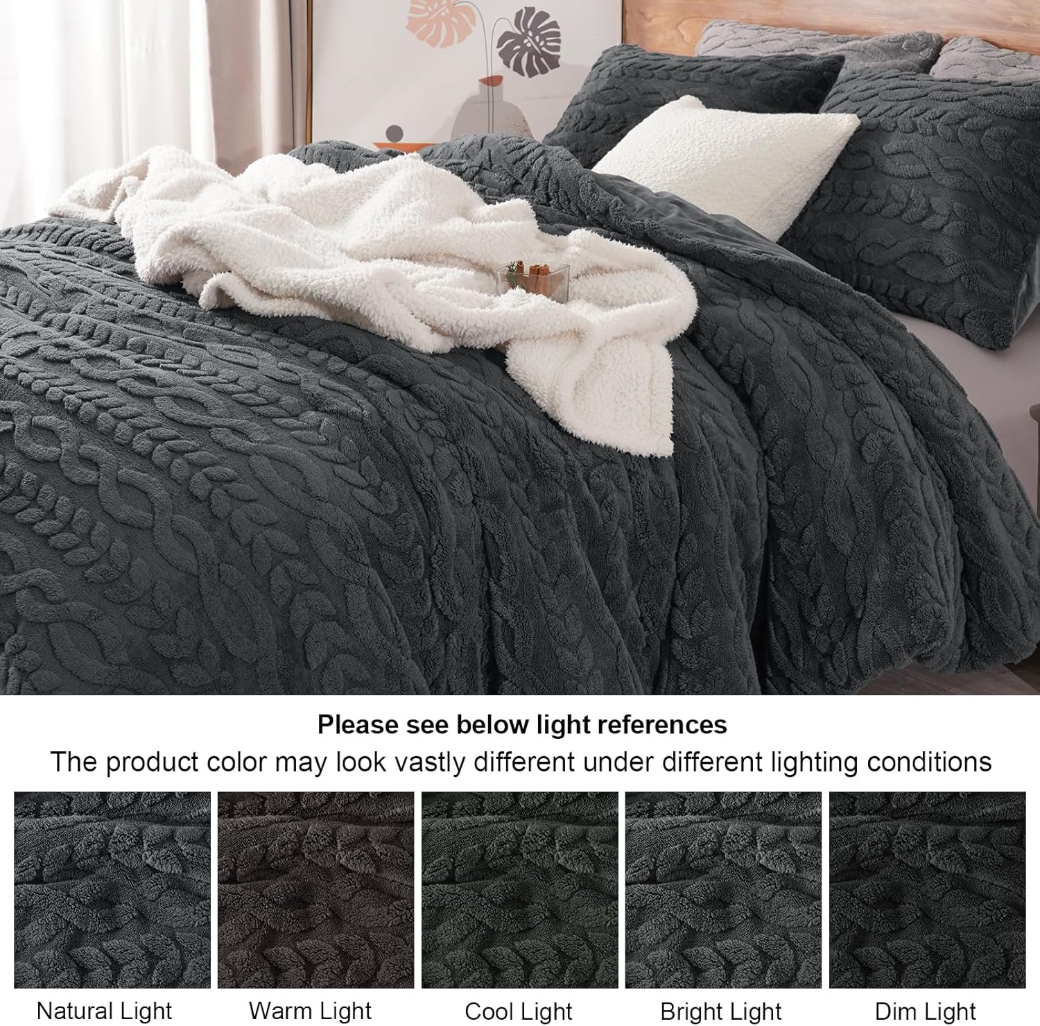 PHF Fluffy Sherpa Fleece Queen Comforter Set, 3 Pieces Warm Fuzzy Soft Bedding for Winter, 3D Tufted Flannel Plush Shaggy Bed Set, 1 Comforter (90"x90") and 2 Pillowcases (20"x26"), Dark Grey - Image 6