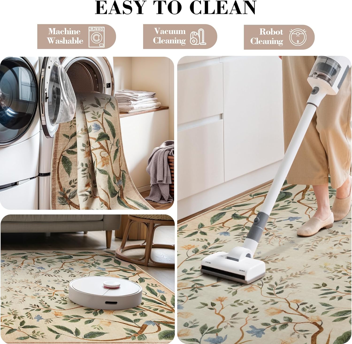 Collive Washable Area Rugs for Living Room, Beige 5x7 Bedroom Rug, Floral Forest Botanical Flourishing Vines Soft Non-Slip Stain Resistant Boho Carpet for Dining Room Office - Image 3