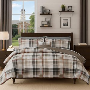 MaiRêve Queen Comforter Set, Plaid Design Comforter Set 7 Pieces, All Season Comfortable Bedding Sets Queen, Lightweight, Warm and Breathable (Khaki, 90"x90")