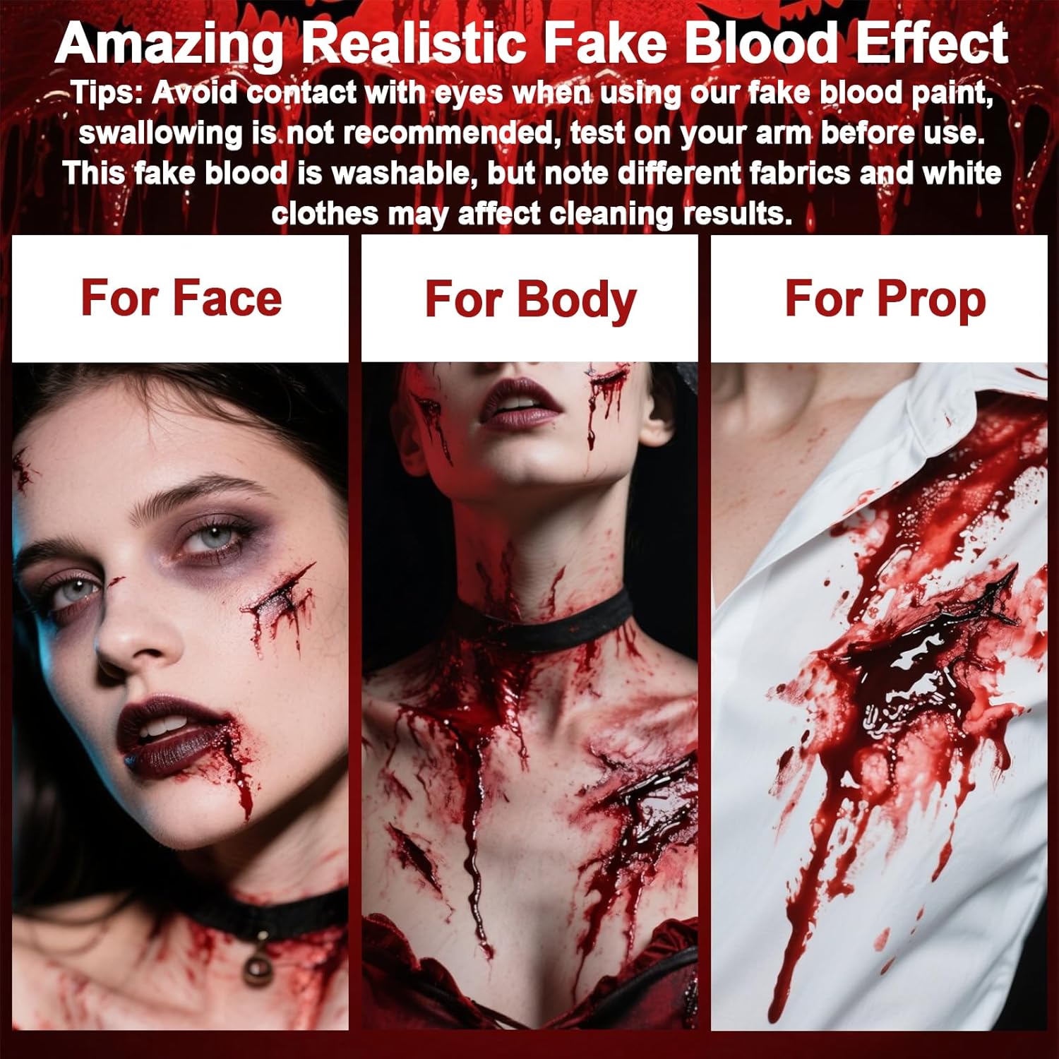 Yosca 3Pcs Halloween Fake Blood, Realistic Washable Fake Blood Spray, Dripping, Coagulated Halloween Makeup Kit, Face Body Paint Special Effects Makeup for Clown Zombie Bride Vampire Monster Cosplay - Image 3