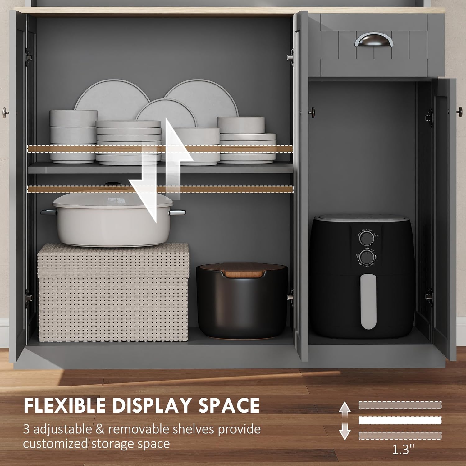 HOMCOM 71" Buffet with Hutch, Modern Farmhouse Kitchen Pantry Storage Cabinet with Microwave Oven Countertop, Drawer, Gray - Image 6