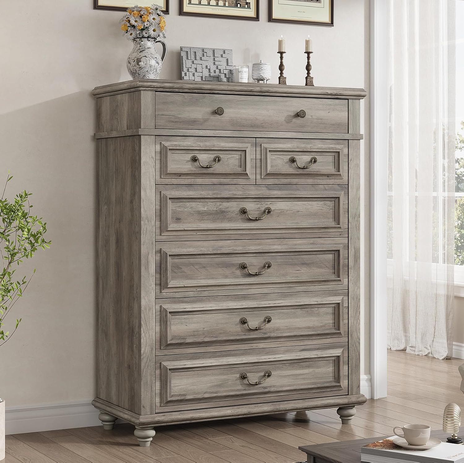 7 Drawer Dresser, Vintage Design Bedroom Dressers with Drawers, Dresser Farmhouse with Natural Texture, Tall Dressers for Bedroom, Living Room, Grey - Image 3