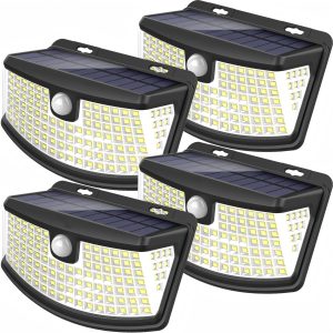 Aootek New Solar Motion Sensor Lights 120 LEDs with Lights Reflector,270° Wide Angle, IP65 Waterproof, Step Lights for Front Door, Yard, Garage, Deck (Back Button 4-Pack)