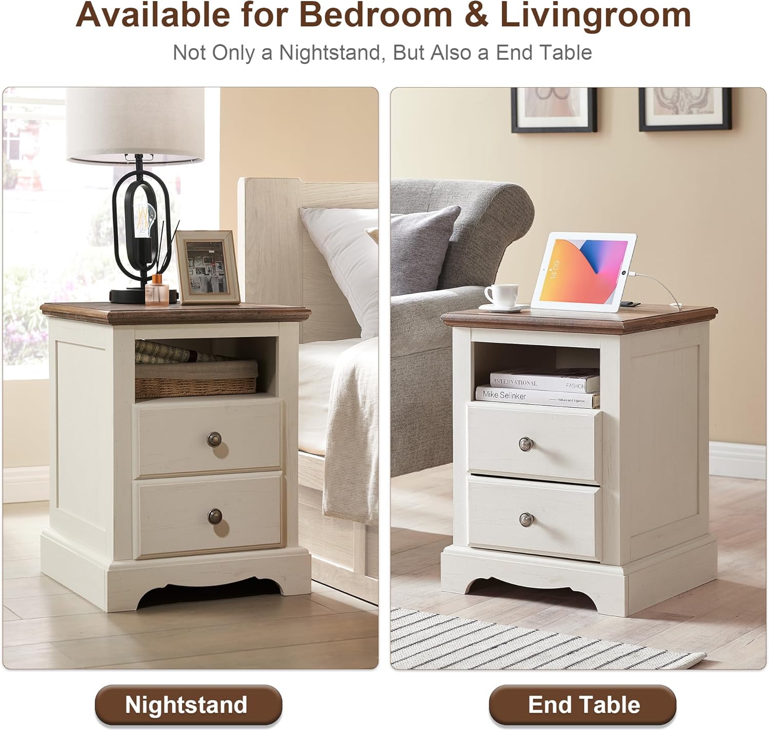 T4TREAM Nightstand with Charging Station, 18 Inch Vintage End Table with 2 Drawers, Wood Rustic Sofa Side Table with Open Storage Shelf for Bedroom, Living Room, Antique White - Image 6