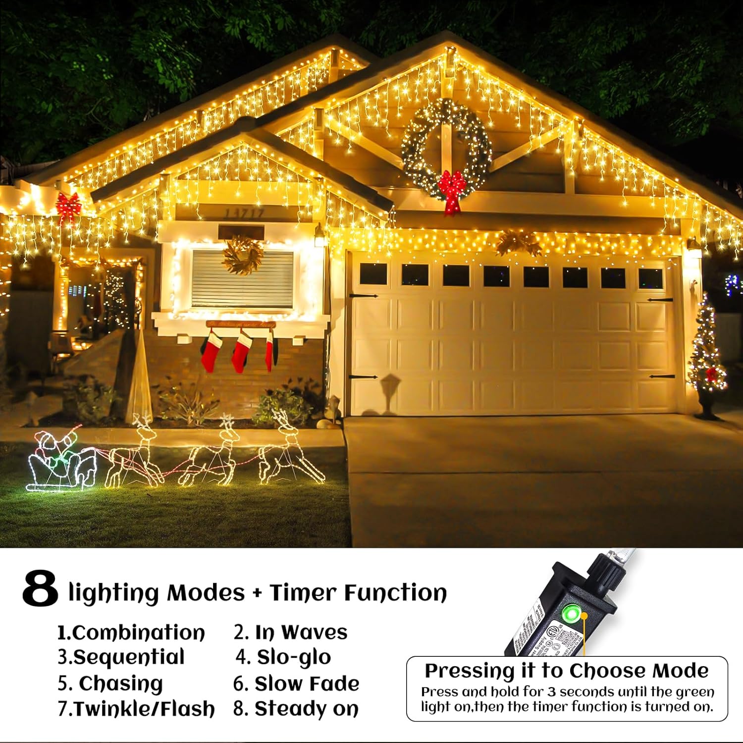 Icicle lights Outdoor - 33ft Christmas Lights with 400LED 75 Drops 8 Modes, Plug in Curtain String Lights Waterproof for Holiday Wedding Party Home Garden Bedroom Indoor Decoration, Warm White - Image 2