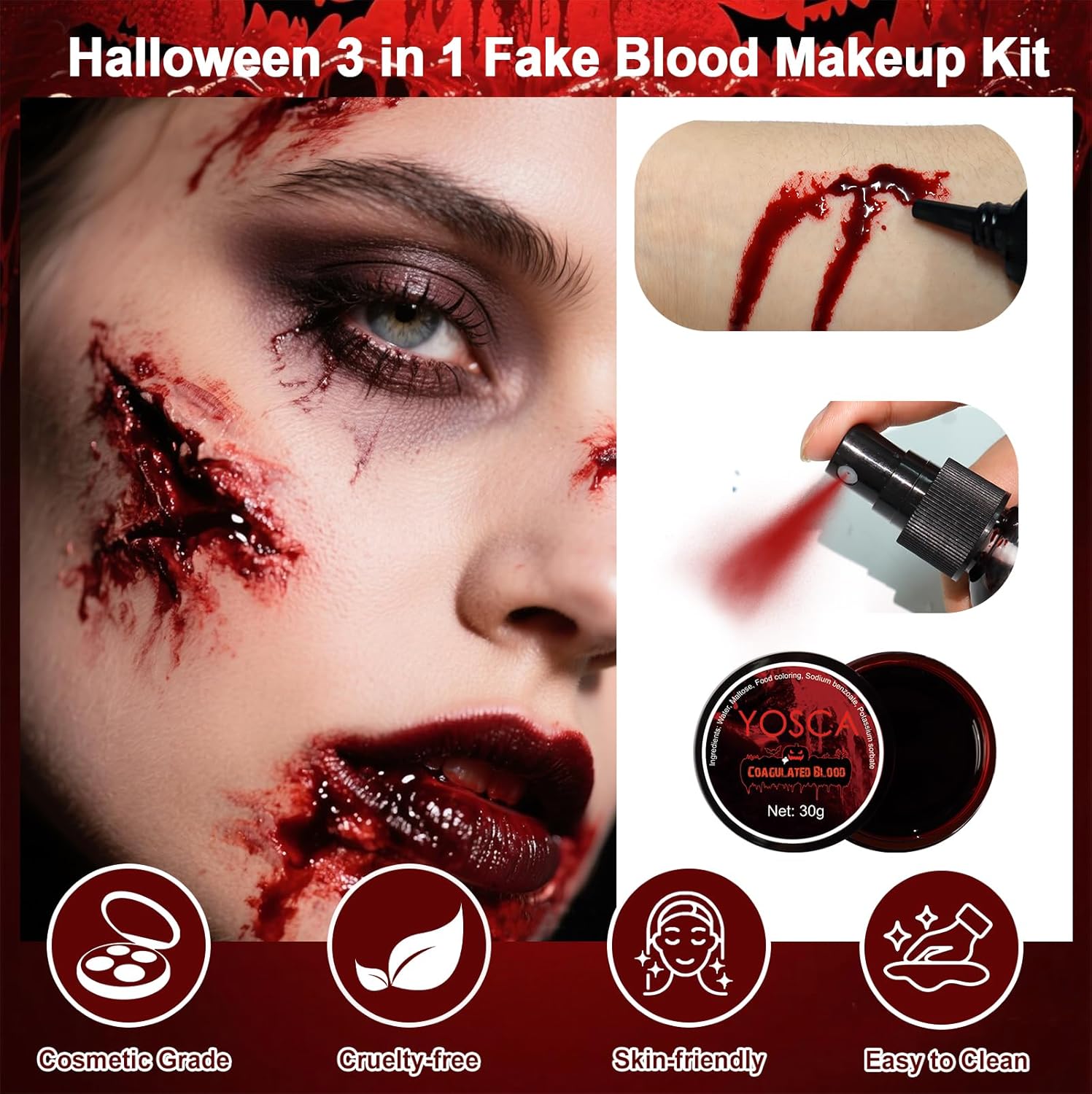 Yosca 3Pcs Halloween Fake Blood, Realistic Washable Fake Blood Spray, Dripping, Coagulated Halloween Makeup Kit, Face Body Paint Special Effects Makeup for Clown Zombie Bride Vampire Monster Cosplay - Image 2