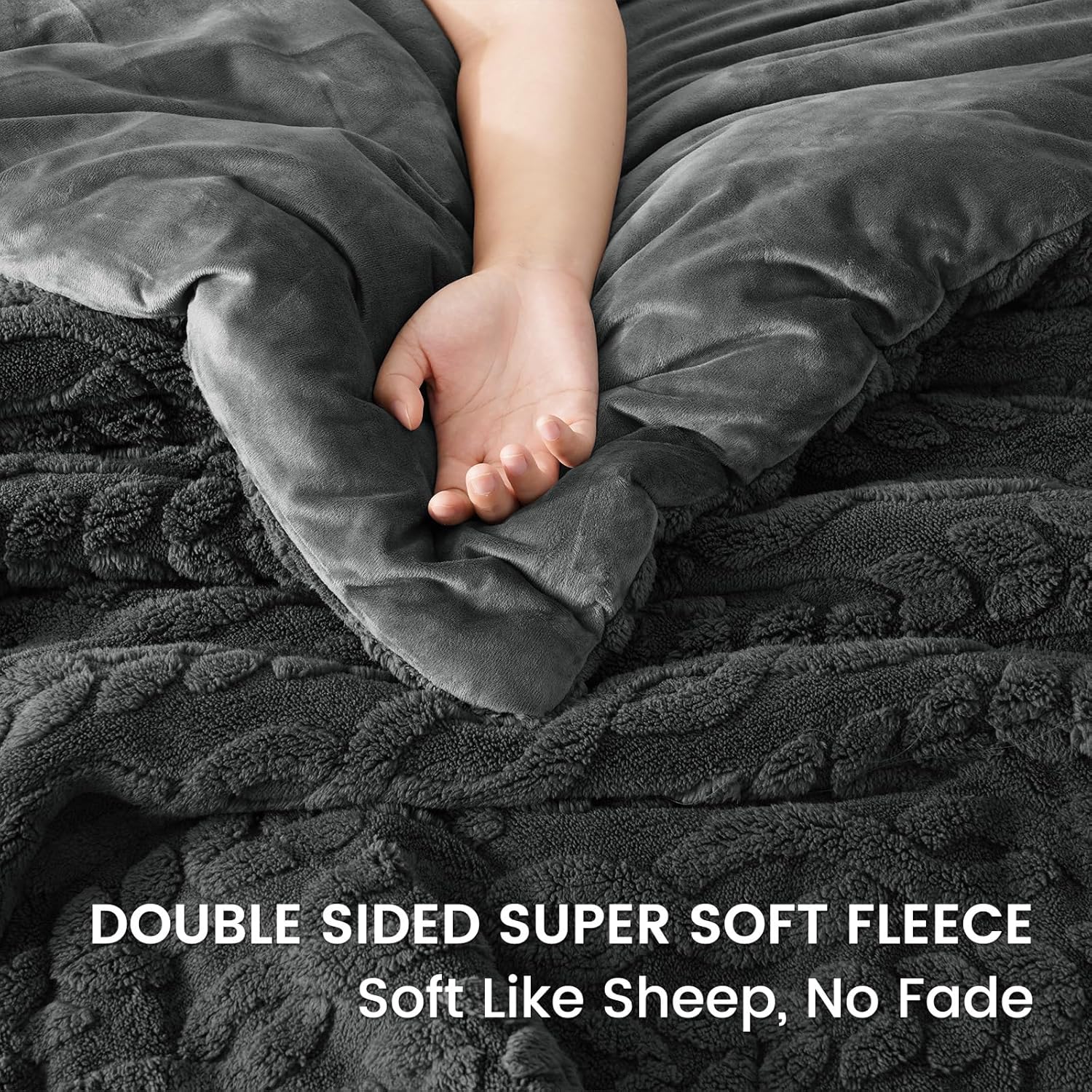 PHF Fluffy Sherpa Fleece Queen Comforter Set, 3 Pieces Warm Fuzzy Soft Bedding for Winter, 3D Tufted Flannel Plush Shaggy Bed Set, 1 Comforter (90"x90") and 2 Pillowcases (20"x26"), Dark Grey - Image 3