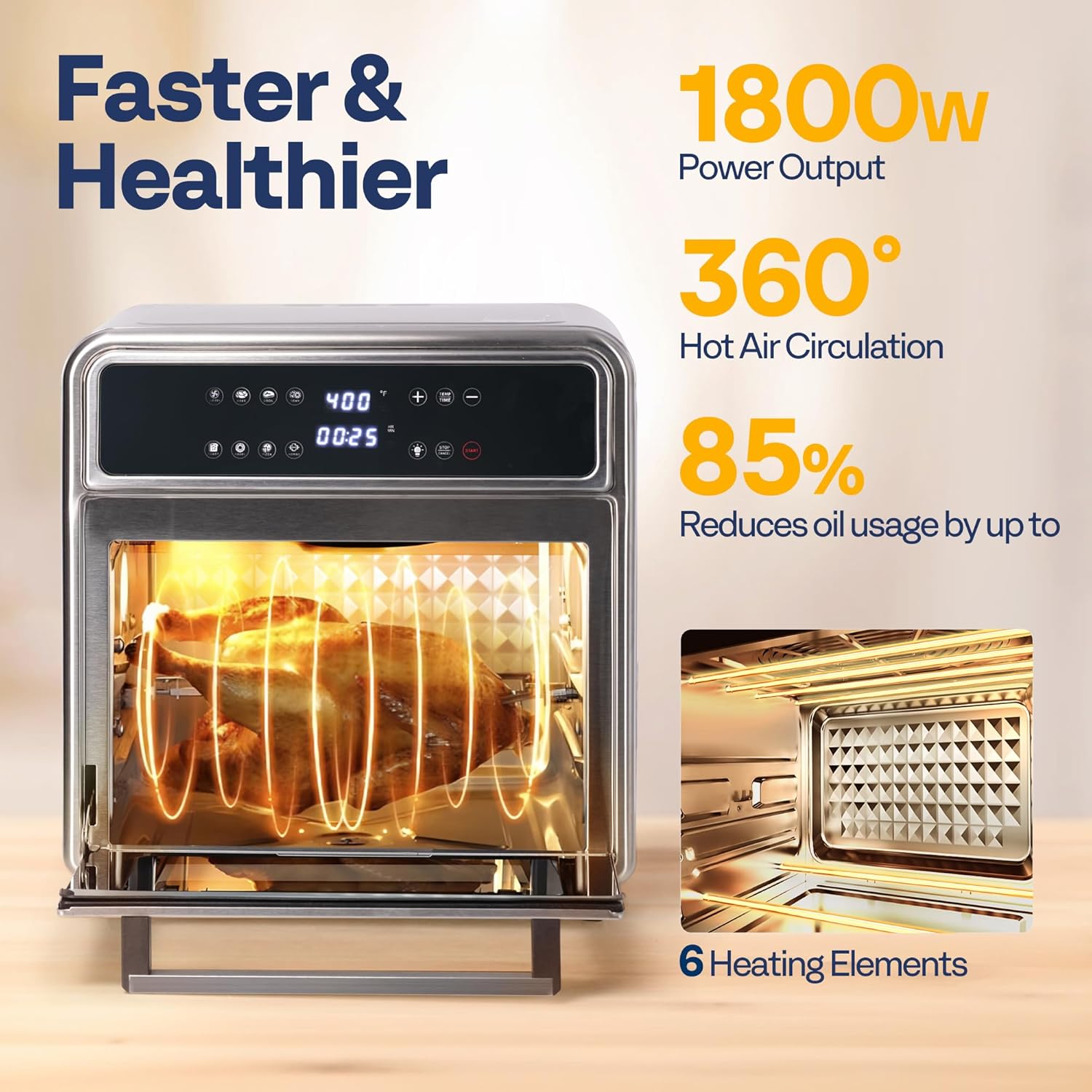 VIVOHOME 21 Qt Air Fryer Toaster Oven Combo, 8-in-1 Convection Oven Countertop with Rotisserie and Dehydrator, Stainless Steel Digital Air Fryer Oven with 7 Accessories, 1800W - Image 4