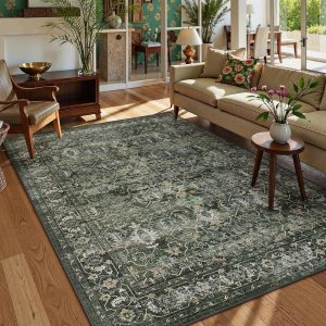 Lahome Washable Area Rugs 5x7 Green Rugs for Living Room,Boho Rug for Bedroom,Dining Room Carpet for Under Table, Distressed Non Slip Low Pile Carpet for Indoor Home Office Nursery(5'x7',Green)