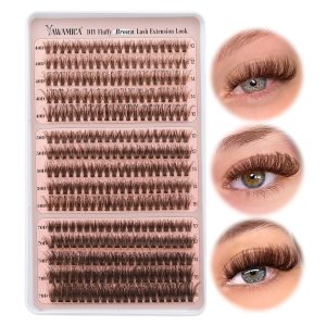 Yawamica Brown Lash Clusters Fluffier Eyelash Extension 10-16mm Individual Lashes D Curly Eyelash Clusters 40D+50D+70D Volume 300pcs Cluster Lashes Pestañas Pelo a Pelo DIY Lash Extension at Home