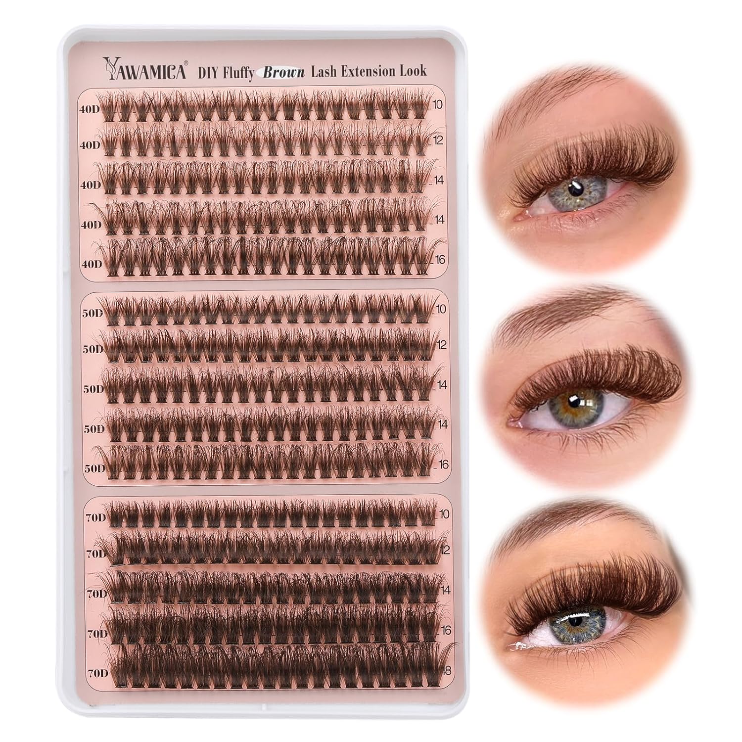 Yawamica Brown Lash Clusters Fluffier Eyelash Extension 10-16mm Individual Lashes D Curly Eyelash Clusters 40D+50D+70D Volume 300pcs Cluster Lashes Pestañas Pelo a Pelo DIY Lash Extension at Home