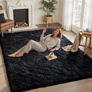5x7 Area Rugs for Living Room Bedroom,Soft Fluffy Shaggy Bedside Rug, Indoor Floor Carpet for Kids Playroom, Dorms, Nursery Rooms, Home Decor (Black 5'x7')