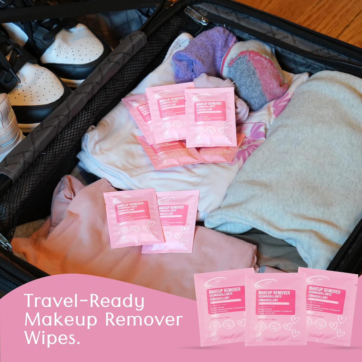 Air Jungles Makeup Remover Wipes Single Wrapped, 25 Ct, Mini Travel Size for Cleansing Face and Eyes, Fragrance-Free, Alcohol-Free, Infused with Vitamin E for All Type Skin - Image 7