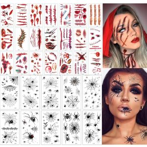 40 Sheets 3D Spider Web&Fake Scar Temporary Tattoos Halloween Makeup Kit, Witch Zombie Realistic Fake Bat Face Tattoos Stickers For Women Adults Kids Men (Halloween)