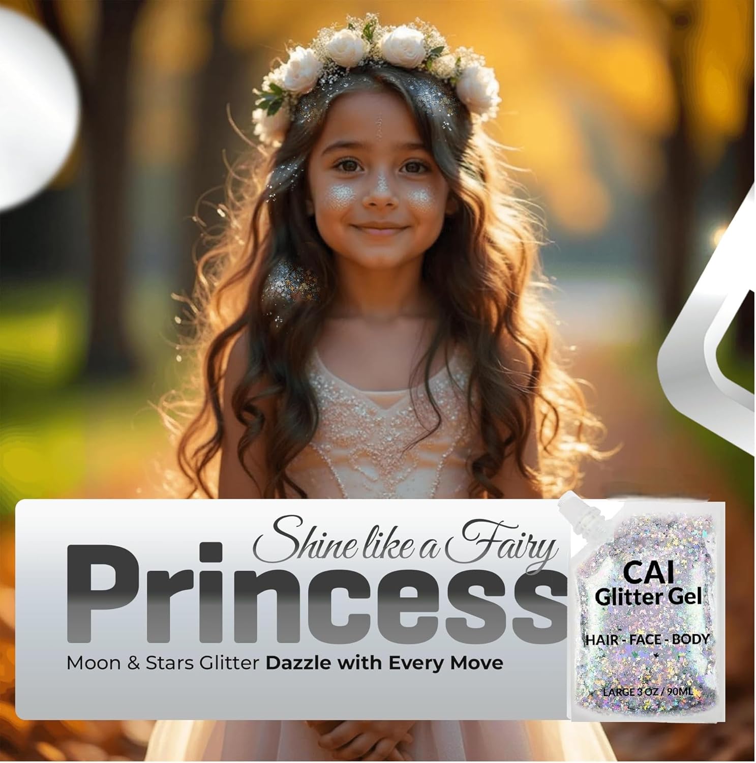 Face, Body & Hair Glitter Gel – Halloween Glitter for Kids and Women – 3 Oz Cosmetic-Grade Gel w/Moon & Stars for Festivals & Halloween Party, Easy Apply & Wash Off - Silver 1Pack - Image 3
