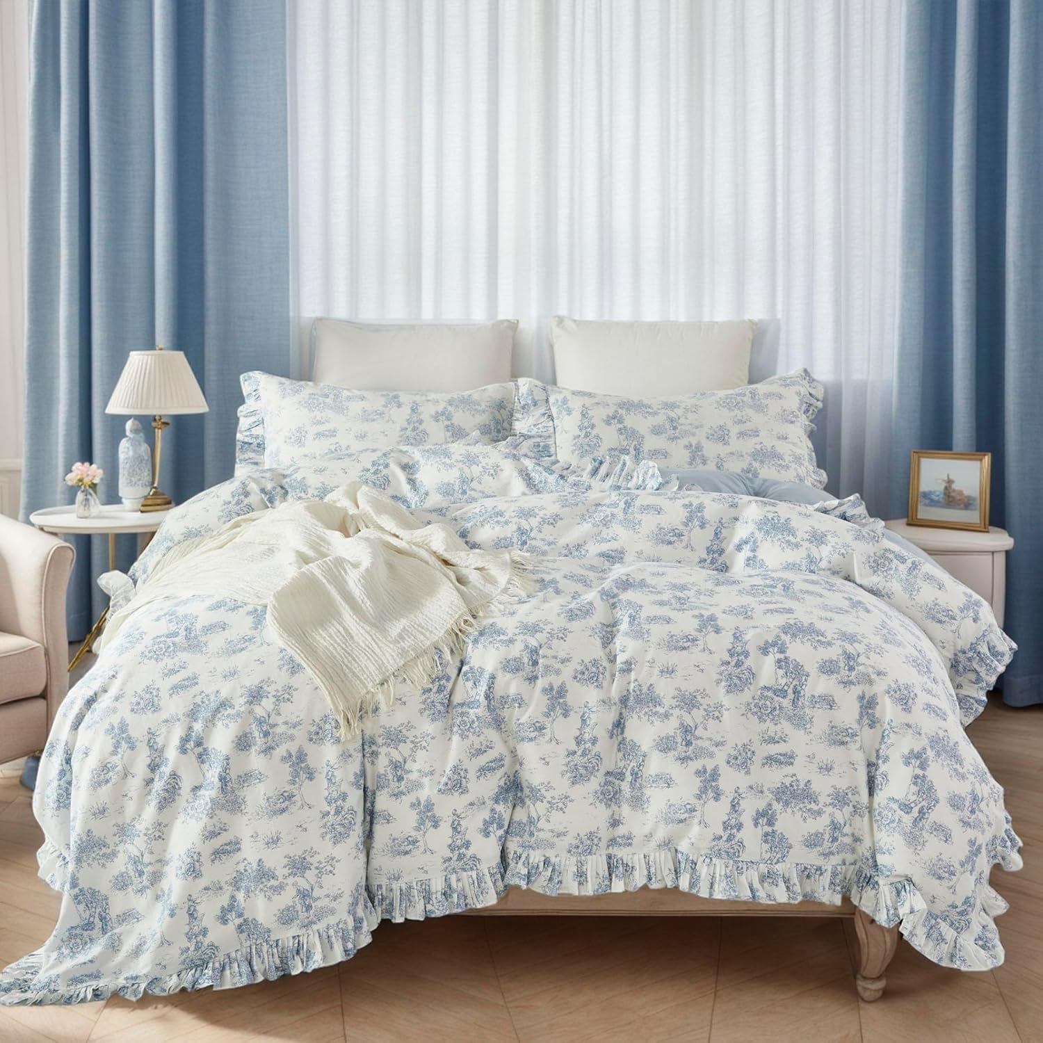 Brandream French Country Toile Queen Duvet Cover Set for Girl Women Bedroom Vintage Blue Toile Floral Print 100% Cotton Duvet Quilt Comforter Cover Pillow Shams Set with Delicate Ruffle Fringe - Image 3