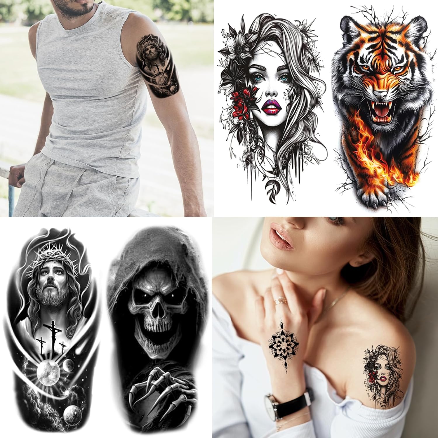 102 Sheets Halloween Tiny Temporary Tattoos Stickers, Fake Tattoos That Look Real And Last Long, Halloween Include Black Scary Wolf Lion Tiger Skeleton Skull Tattoos - Image 2
