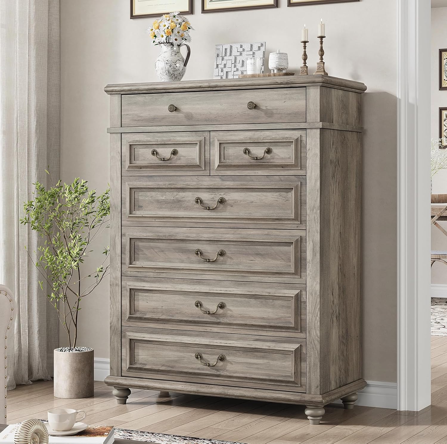 7 Drawer Dresser, Vintage Design Bedroom Dressers with Drawers, Dresser Farmhouse with Natural Texture, Tall Dressers for Bedroom, Living Room, Grey