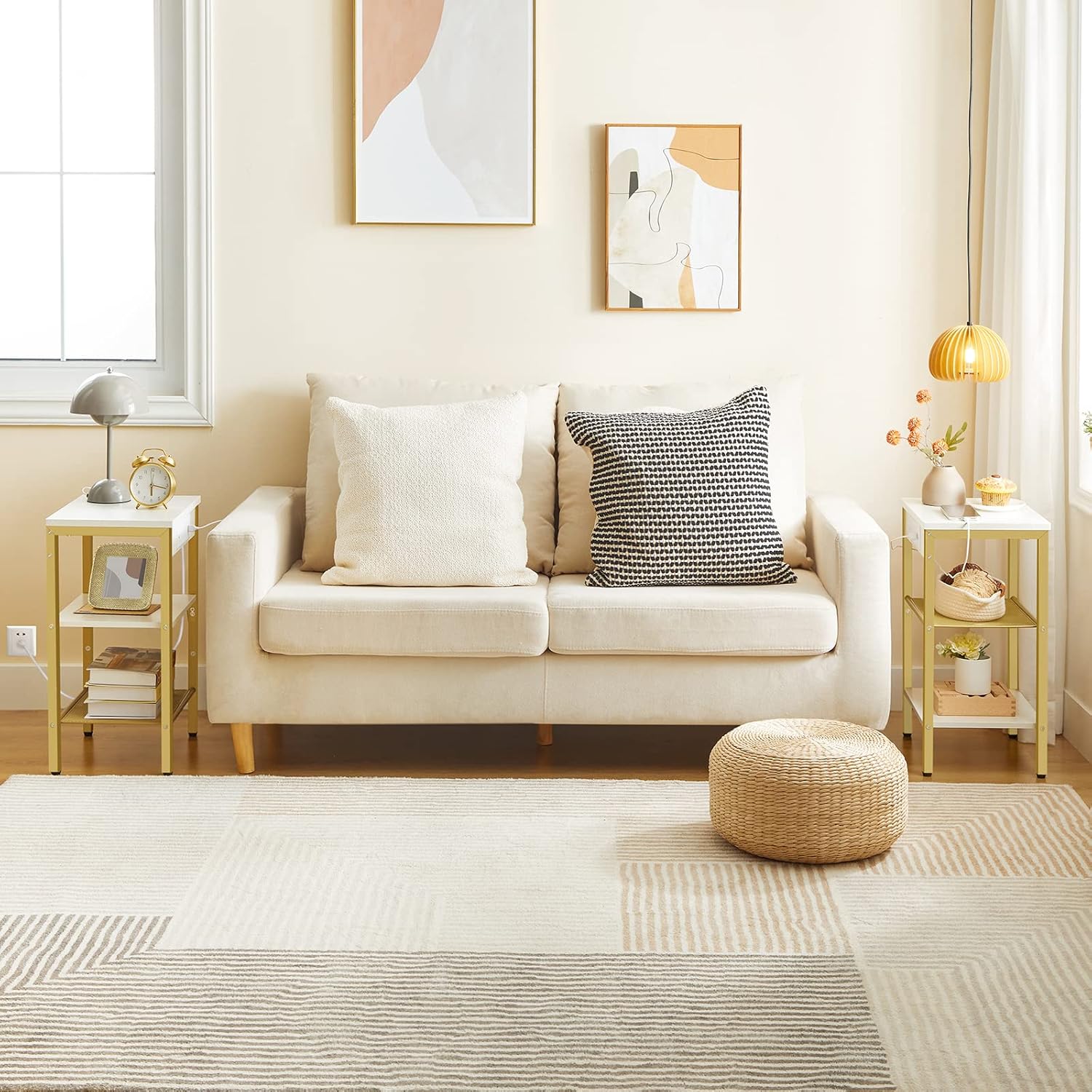 HOOBRO End Tables Set of 2 with Charging Station and USB Ports, 3-Tier Nightstands with Adjustable Shelves, Small Side Tables for Small Space in Living Room, Bedroom, White and Gold DW112BZP201G1 - Image 2