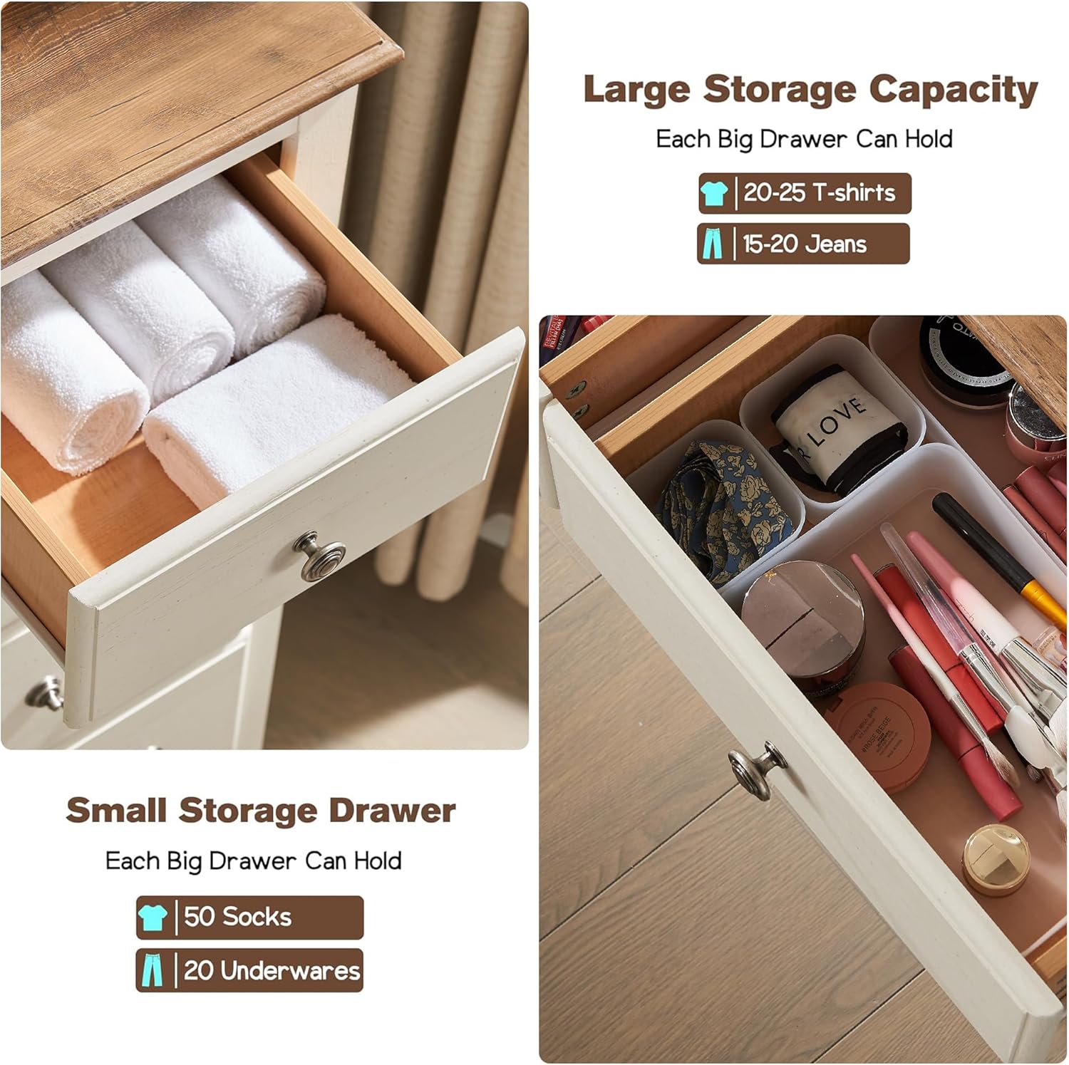 T4TREAM 7 Drawers Dresser Chests for Bedroom, Wood Vintage Chests of Drawers, Rustic Dressers Chset Organizer for Bedroom, Living Room, Hallway, Antique White - Image 3