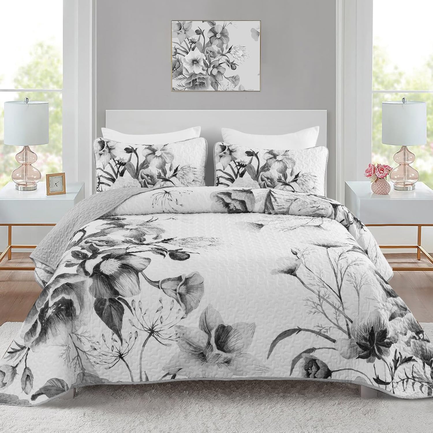 Floral Quilt Set King 3 Pieces Grey Floral Quilt Coverlet Set Soft Microfiber Lightweight White Quilted Bedspread for All Season 104″x90″