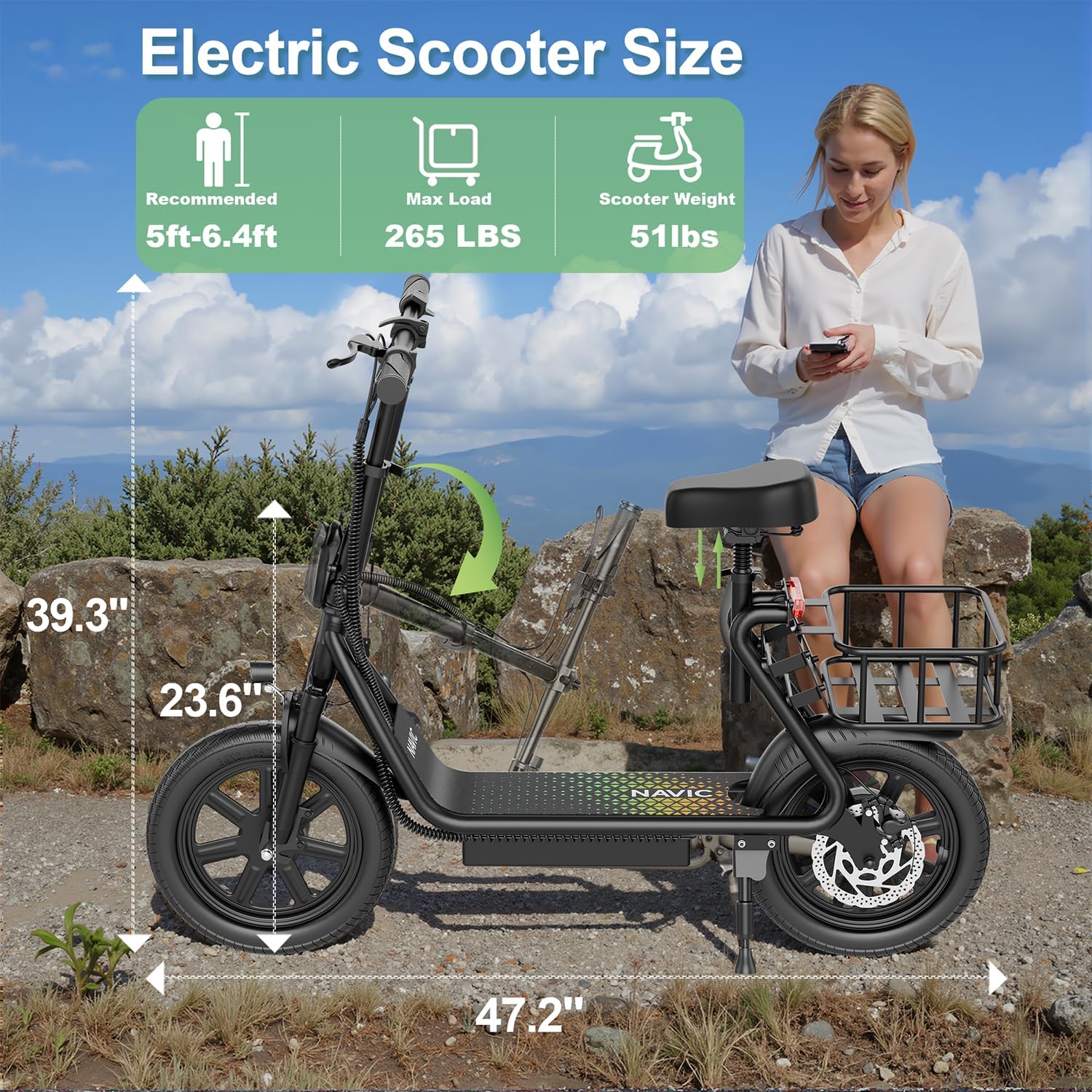 NAVIC Electric Scooter Adults,18/27/49Mile Range,Electric Scooter for Adults,Top Speed 22Mph,350/500W Motor,8.5"/14'' Tires,Foldable e Scooter with Back Basket,APP - Image 5