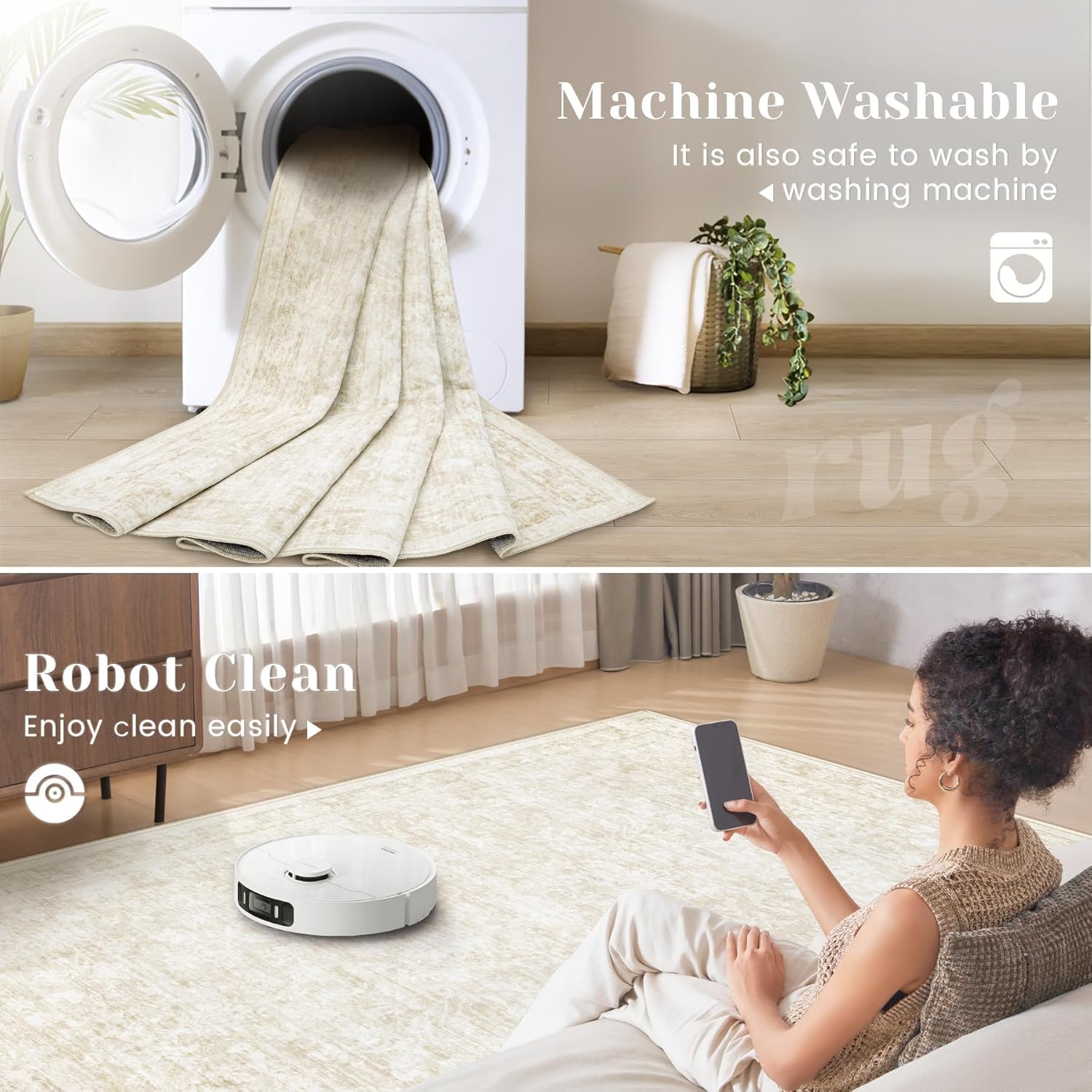 5x7 Area Rugs for Living Room: Washable Vintage Floral Rug Low Pile Non-Slip Boho Carpet for Bedroom Nursery Dining Room (Beige, 5'x7') - Image 2