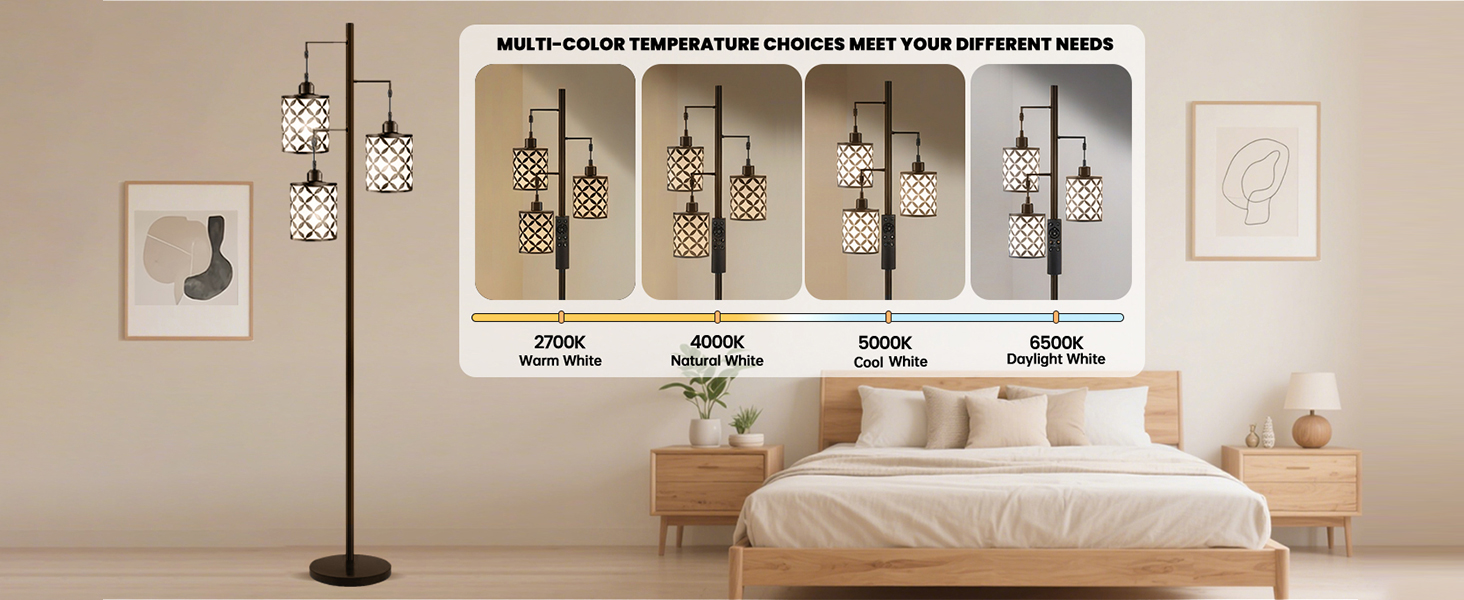 Dimmable Floor Lamp, Farmhouse Standing Lamp with Elegant Metal Cage