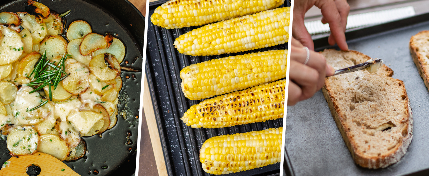 Collage of three food images: sautéed shrimp in a pan, grilled corn on the cob, and a person spreading butter on toast.
