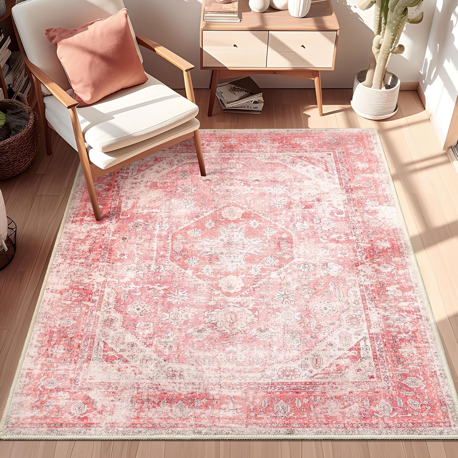 MUJOO Pink Rugs for Bedroom Girls 3'x5' Rug Washable Boho Area Rug for Living Room Small Cute Non Slip Throw Carpet for Bedside Dorm Shower Room Soft Light Pink Floral Home Decor - Image 7