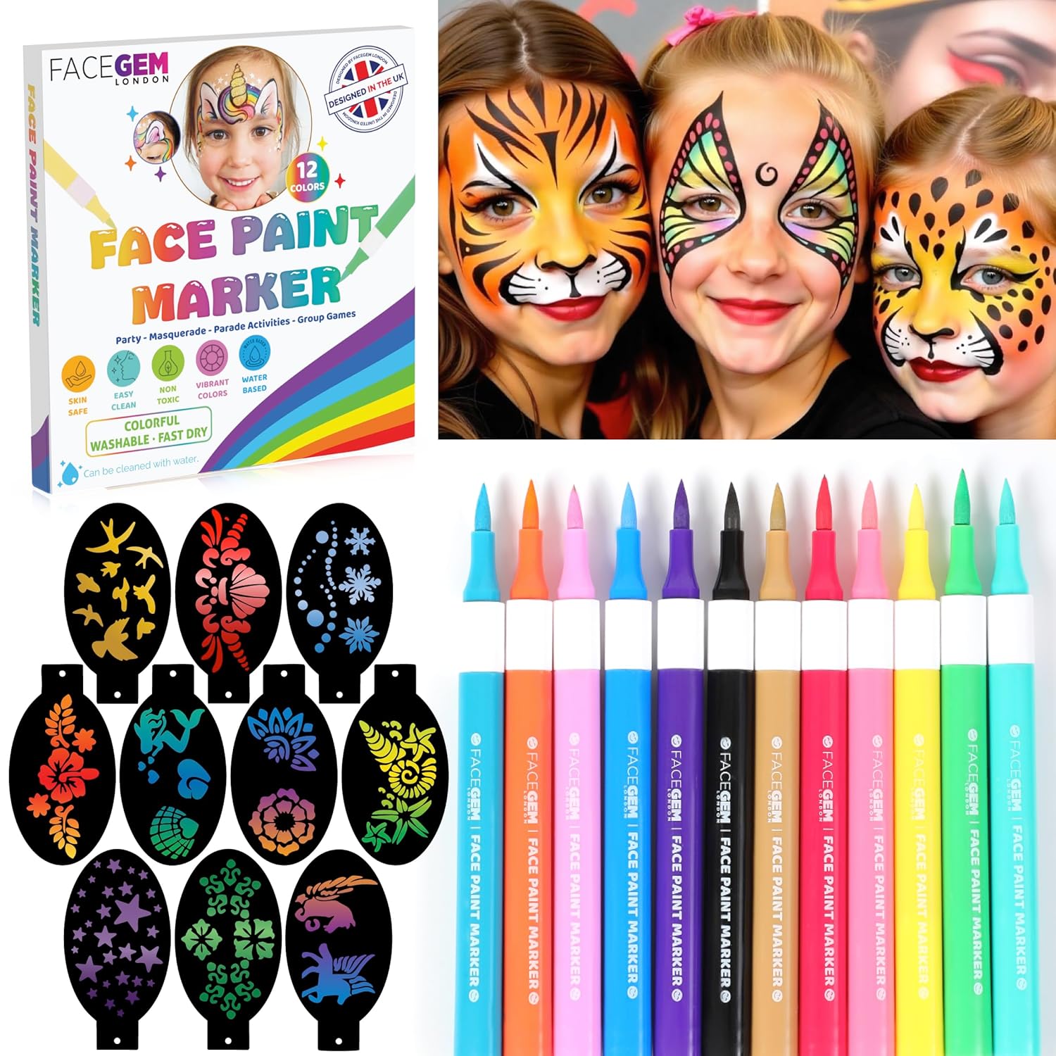 12 Colour Face Paint – Water-Based – Mess-Free Face Painting Kit with Stencils – Fast-Drying, Washable, Easy to Clean, Non-Toxic Face Paint for Festivals, Parties, Masquerade, Fancy Dress, Carnival