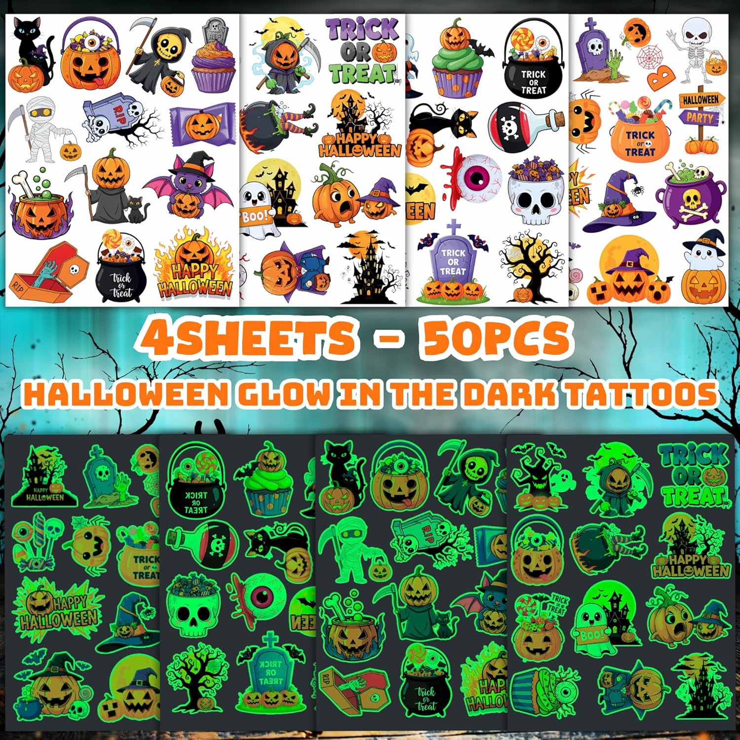 Luminous Halloween Temporary Tattoos for Kids - 50 Pieces Halloween Glow In The Dark Tattoos for Boys and Girls,Bulk Halloween Prizes Treat or Trick Party Favor Goody Bag Stuffers - Image 4