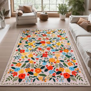 Joiedomi 5'x7' Area Rugs for Living Room Non-Slip Washable Rug with Rubber Backing Large Soft Boho Floral Carpet for Bedroom Kids Nursery Dining Room (Beige)