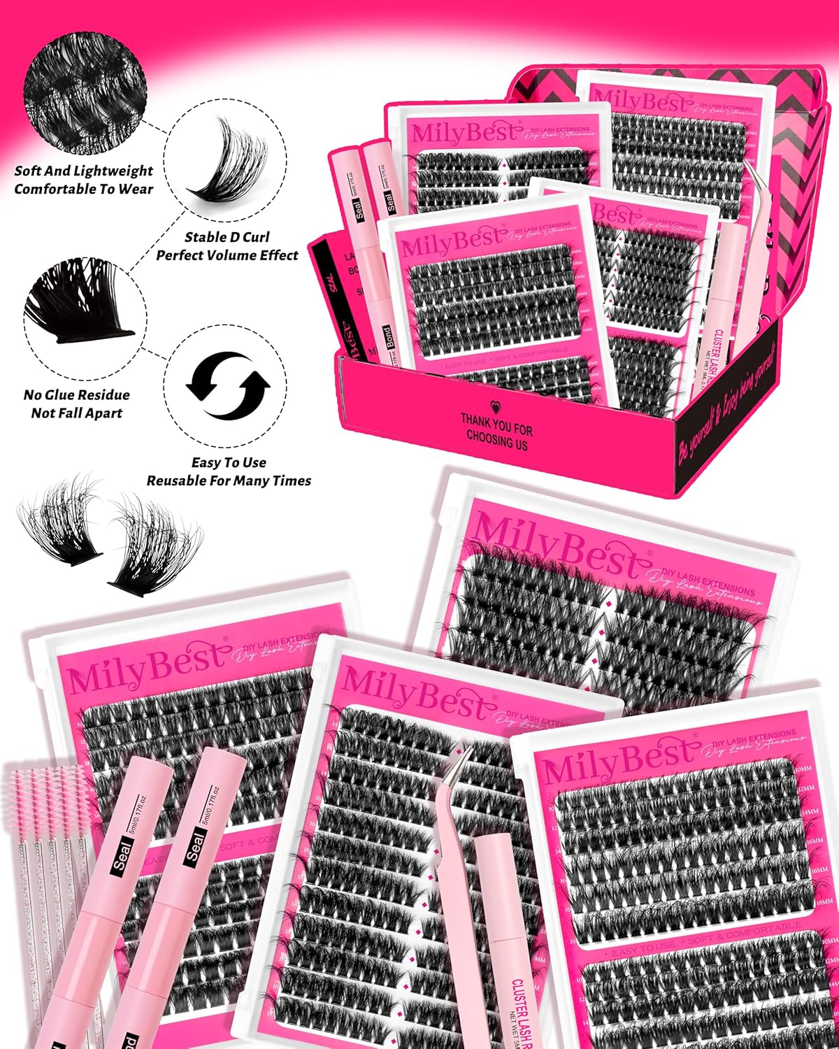 MilyBest 4 Styles Lash Clusters Kit 864Pcs Eyelash Clusters Lash Kit Volume Lashes Clusters D Curl DIY Individual False Eyelashes with 2 Bond&Seal Wispy Bulk Cluster Eyelash Extensions Kit De Pestañas - Image 5