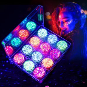 LATIBELL Glow in The Dark Body Face Glitter Gel for Women, 12 Colors Makeup Chunky Fine Glitter, UV Black Light Body/Face/Hair/Eyeshadow, Carnival Party(Not Loose Glitter)