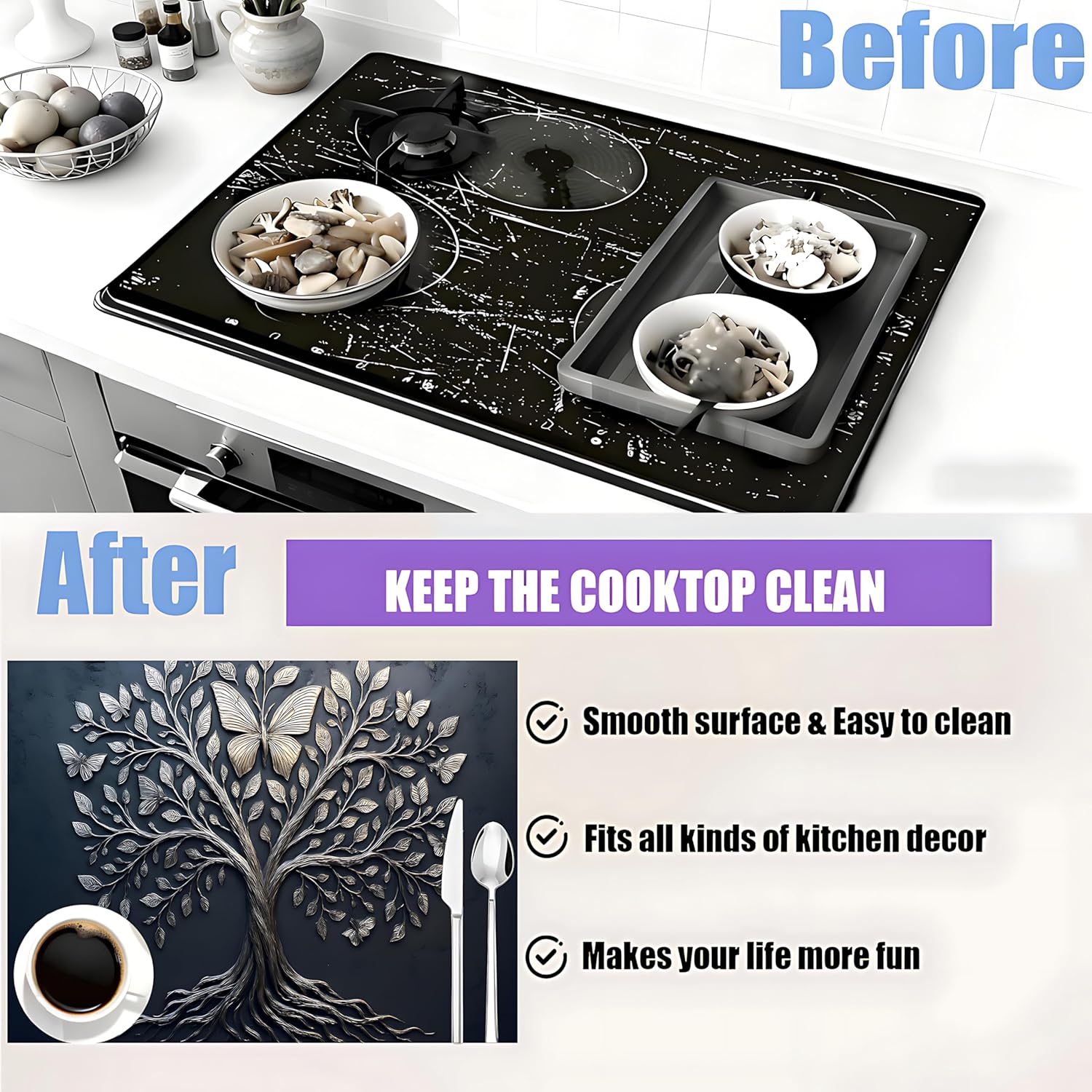 Stove Top Cover for Electric Stove, Tree of Life & Butterfly 28" x 20" - Protects Cooktop, Kitchen Decor and Counter Protector - Image 3