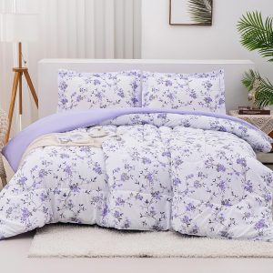 Mooreeke Floral Queen Size Comforter Sets, Lightweight Purple Lavender Botanical Printed Bedding for All Seasons, 3-Piece Vintage Bed in a Bag with Fluffy Quilted Reversible Comforter & 2 Pillow Shams