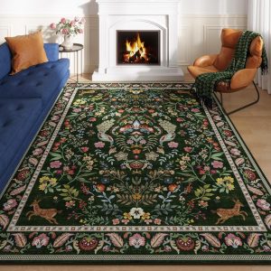 Living Room Rug 6x9 Rug Machine Washable Area Rug Floral Non-Slip Low Pile Large Rug for Living Room, Bedroom, Farmhouse, Dining Room, Kids Playroom (Emerald Green)