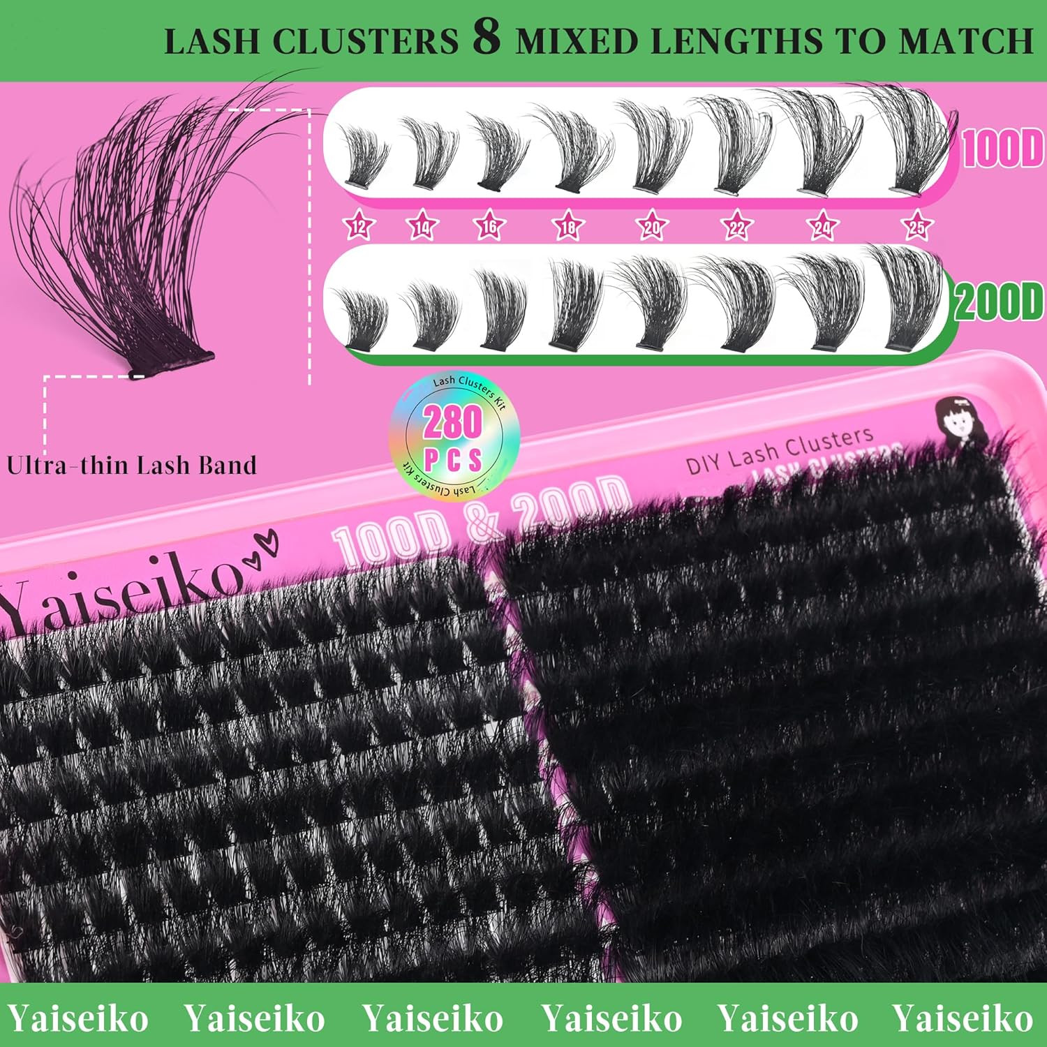 Lash Clusters Kit 100D+200D Thick Volume Eyelash Clusters Kit 12-25mm Wispy Individual Lashes D Curl Long Cluster with Lash Bond and Seal Waterproof DIY Lash Extension Kit(KIT-280PCS) - Image 2