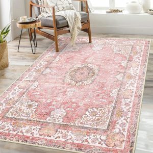 Pink Rug 3'x5',Washable Area Rugs for Bedroom Living Room Kitchen Entryway Bedside,Small Boho Vintage Bohemian Distressed Oriental Non Slip Carpet,Blush Floral Flowers