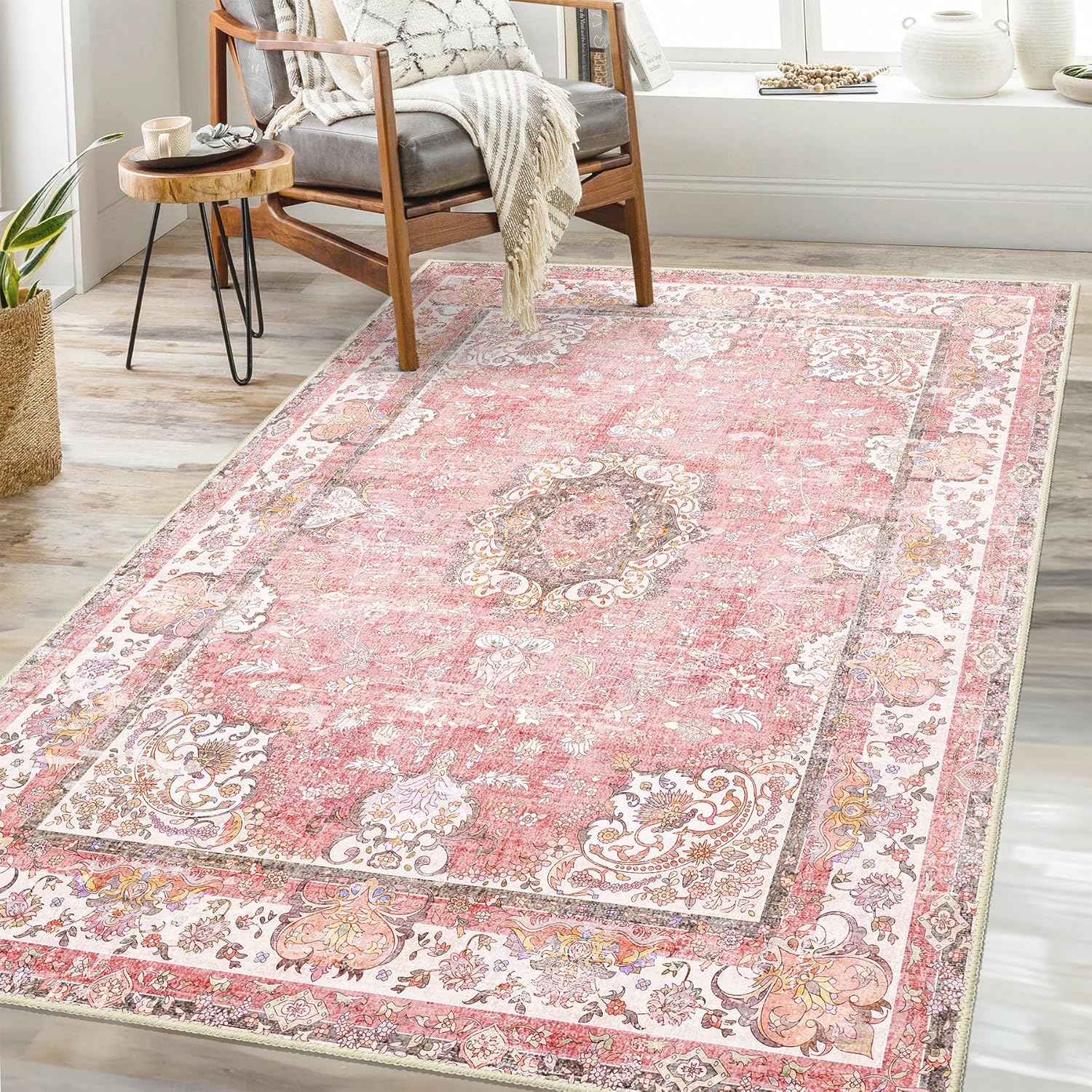 Pink Rug 3’x5′,Washable Area Rugs for Bedroom Living Room Kitchen Entryway Bedside,Small Boho Vintage Bohemian Distressed Oriental Non Slip Carpet,Blush Floral Flowers