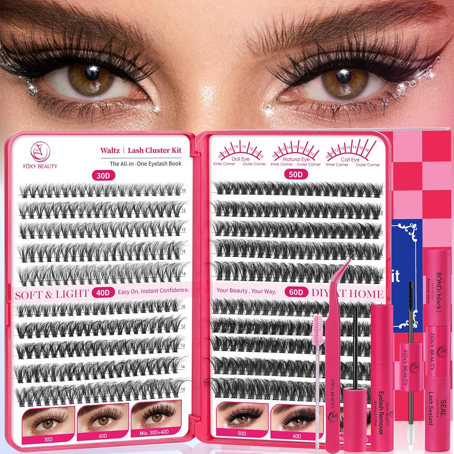 Waltz Lash Clusters Kit - Lash Clusters Lash Extension Kit with Bond and Seal Eyelash Cluster 30D40D50D60D-0.07 D Curl lashes Eyelash Extension Kit DIY at Home