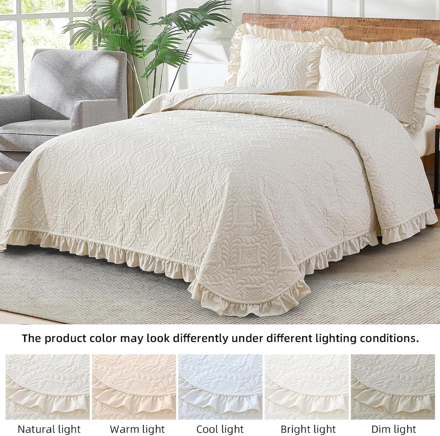 DJY Queen Quilt Bedding Set Size, Beige Ruffled Lightweight Soft Bedspreads Queen Size Coverlet, Basket Weave Quilted Blanket Thin Quilt Bed Cover for All Season - 3 Piece (1Quilt, 2 Pillow Shams) - Image 7